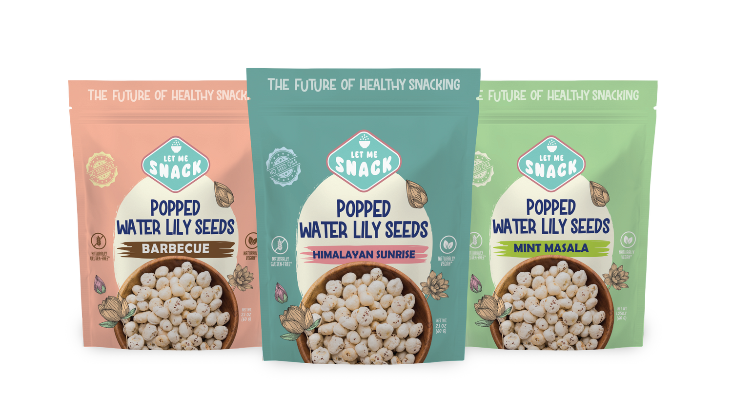 Water Lily Seed Variety Pack - Clean Ingredient Gourmet Snacks. Turmeric snacks. Healthy crunchy snacks. Best crunchy vegan snacks. Nutritious snacks. Better-for-you snacks