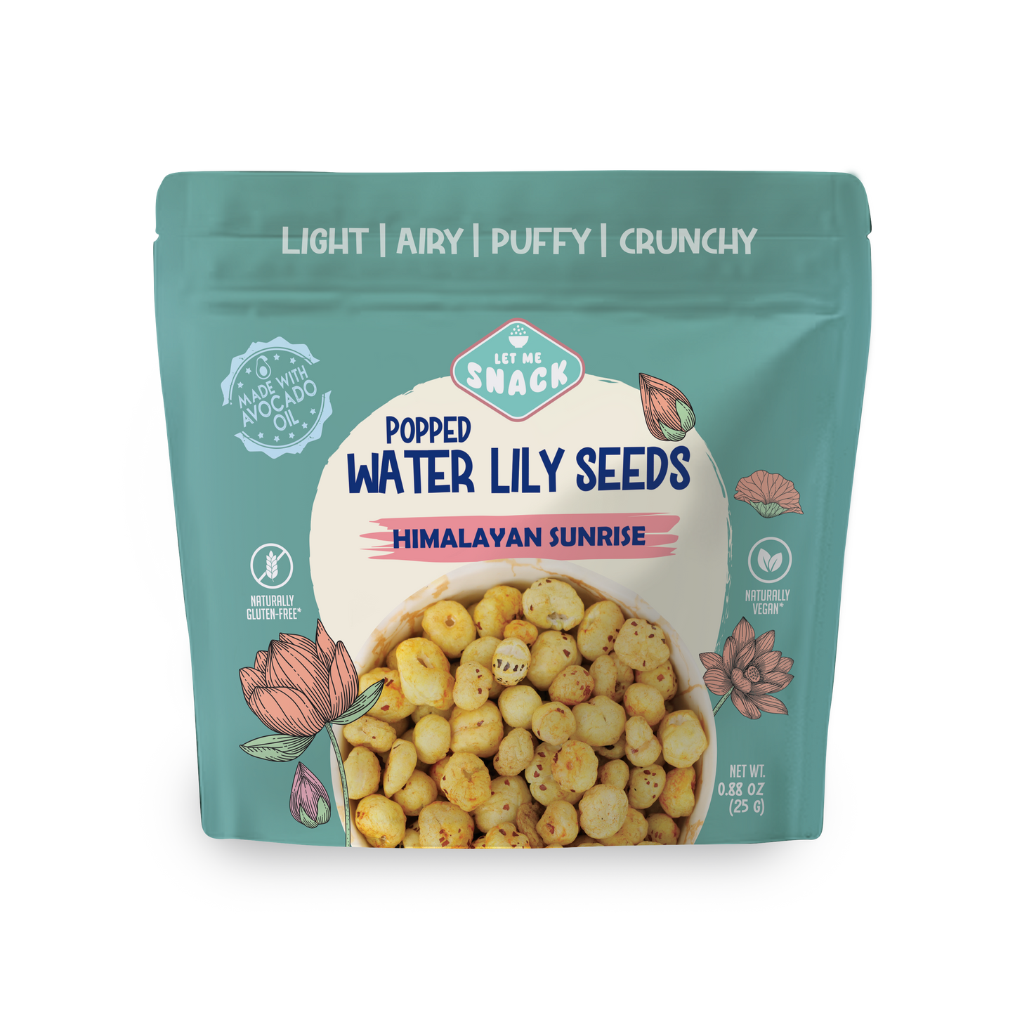 Packaged snack of popped water lily seeds with branding on a white background. Mde with anti inflammatory turmeric snack healthy snack not fried in seeds oils