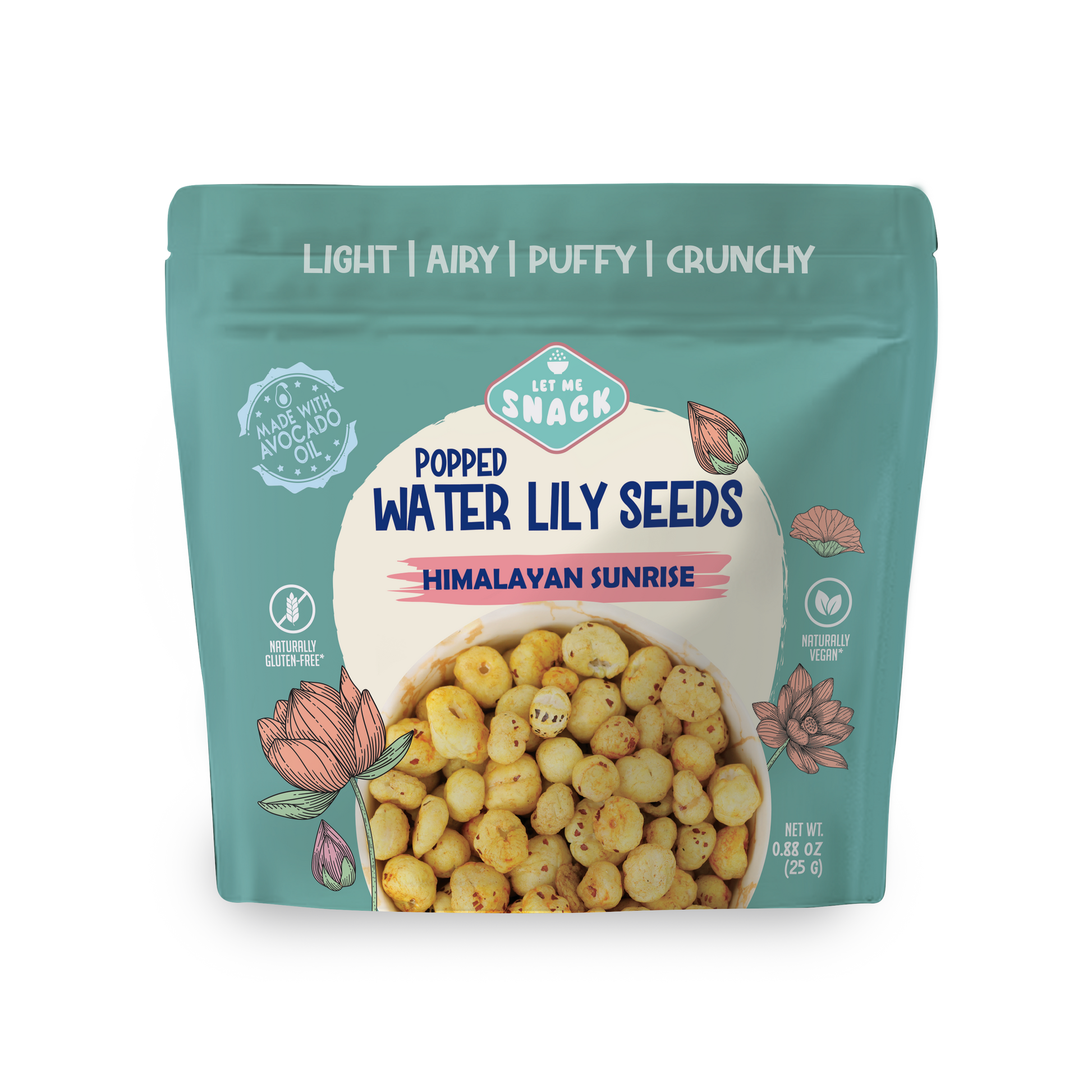 Packaged snack of popped water lily seeds with branding on a white background. Mde with anti inflammatory turmeric snack healthy snack not fried in seeds oils