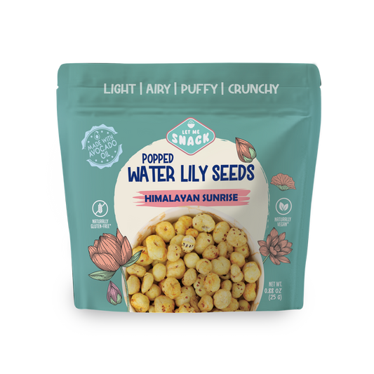 Packaged snack of popped water lily seeds with branding on a white background. Mde with anti inflammatory turmeric snack healthy snack not fried in seeds oils